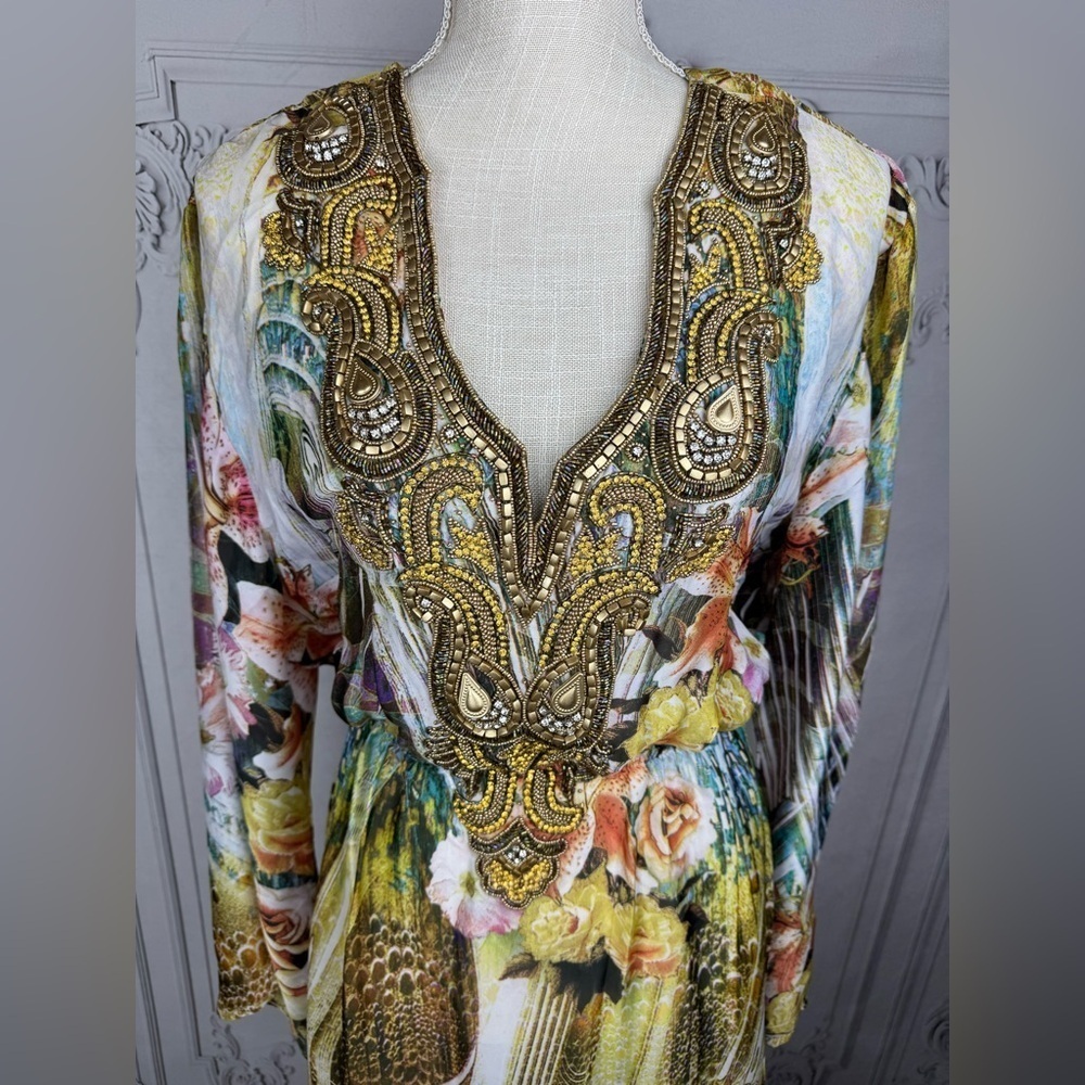 Classy Embellished V-neck Long Flared Sleeves Kaftan Swimsuit Coverup Dress - Picture 4 of 10